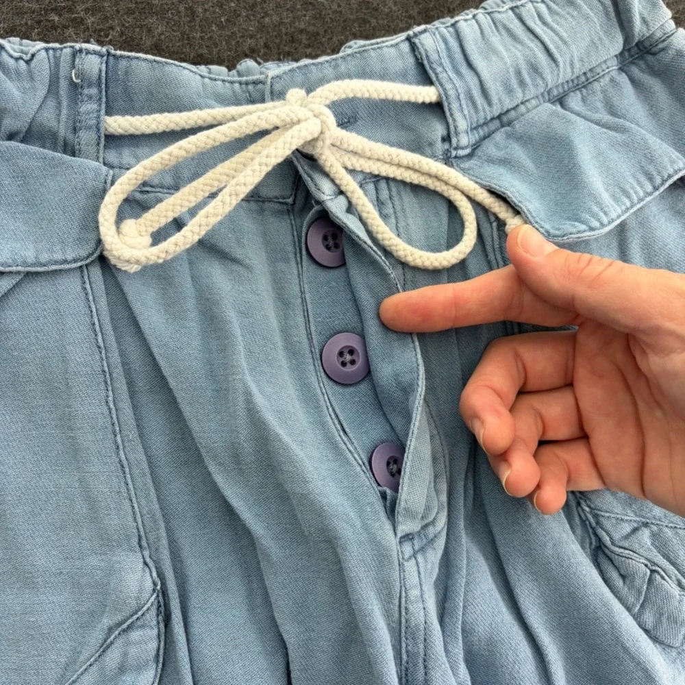 Free People Off Shore Blue Cotton Linen Blend Utility Cargo Shorts Womens Small
